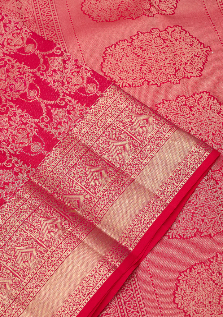 Rani Pink Pure Silk Jaal Zariwork Saree With Matching Blouse Piece