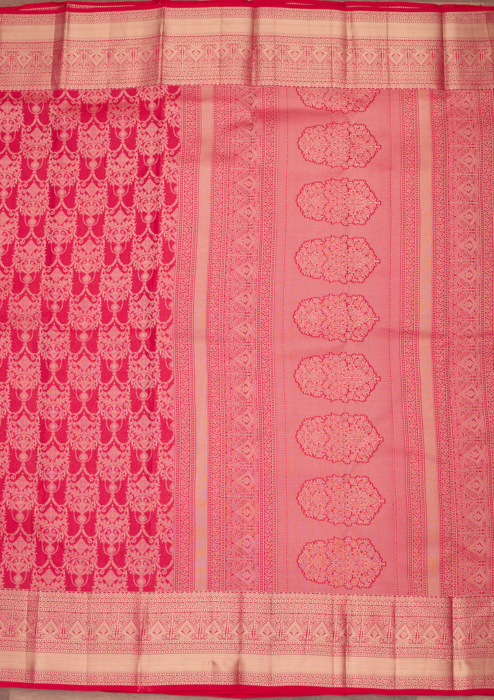 Rani Pink Pure Silk Jaal Zariwork Saree With Matching Blouse Piece