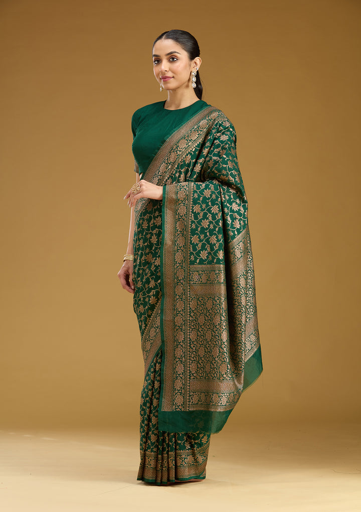Green Georgette Jaal Gold Zariwork Saree With Matching Blouse Piece