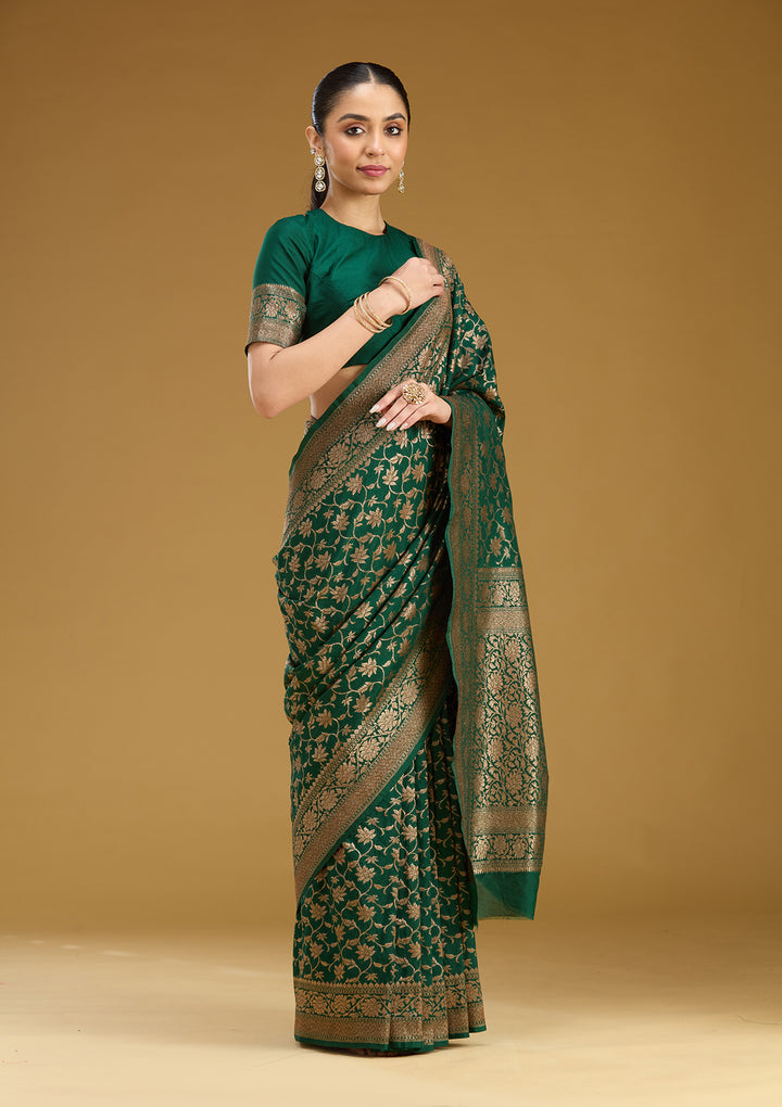 Green Georgette Jaal Gold Zariwork Saree With Matching Blouse Piece