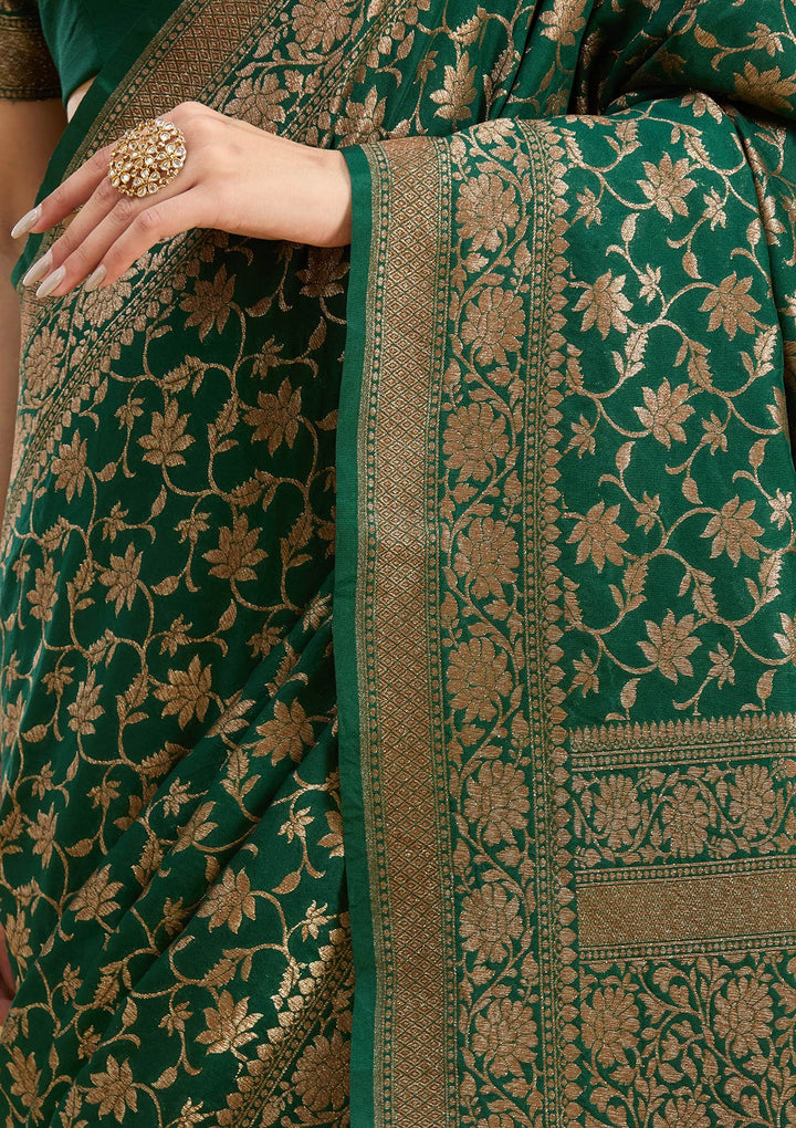 Green Georgette Jaal Gold Zariwork Saree With Matching Blouse Piece