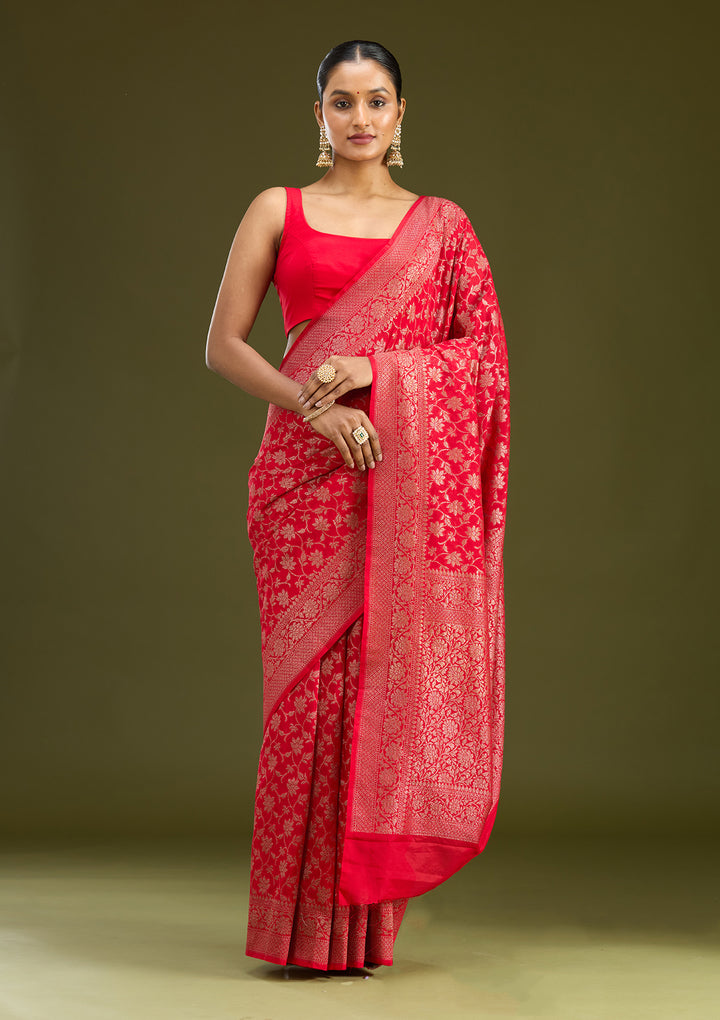 Red Georgette Jaal Gold Zariwork Saree With Matching Blouse Piece