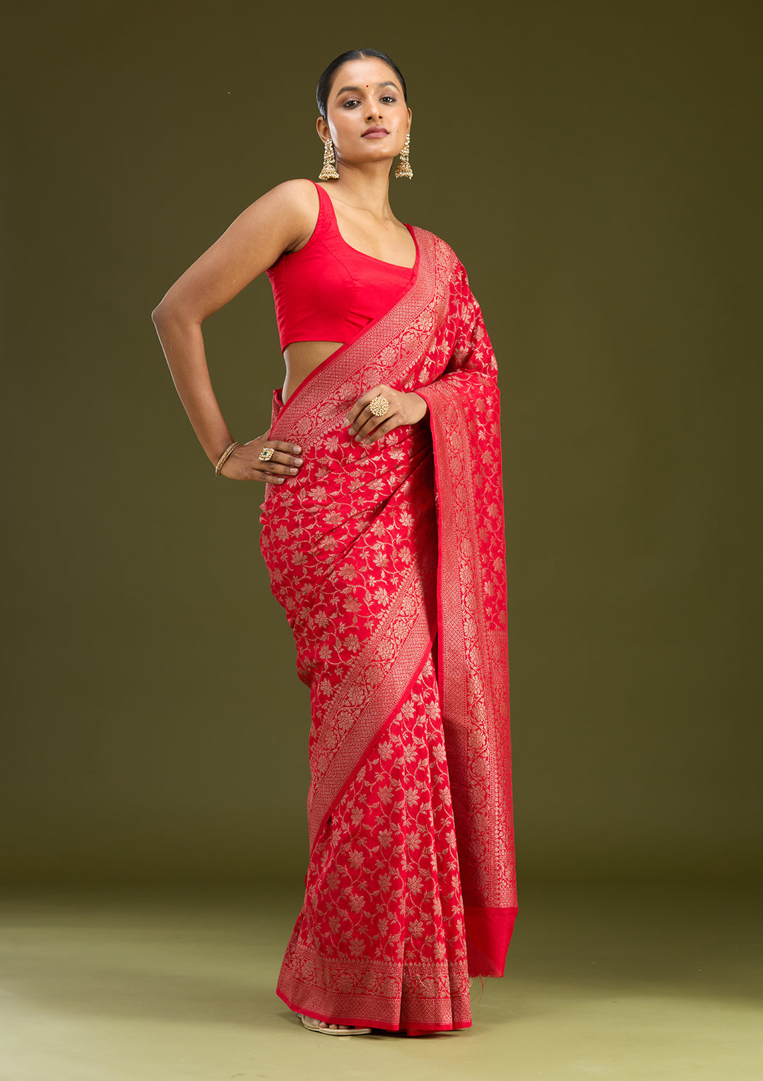Red Georgette Jaal Gold Zariwork Saree With Matching Blouse Piece