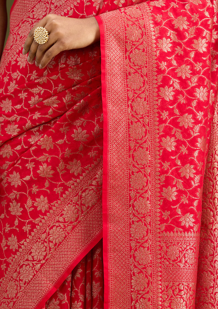 Red Georgette Jaal Gold Zariwork Saree With Matching Blouse Piece