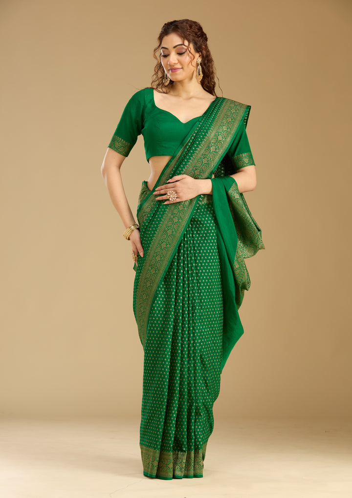 Bottle Green Georgette Buti Gold Zariwork Saree With Matching Blouse Piece
