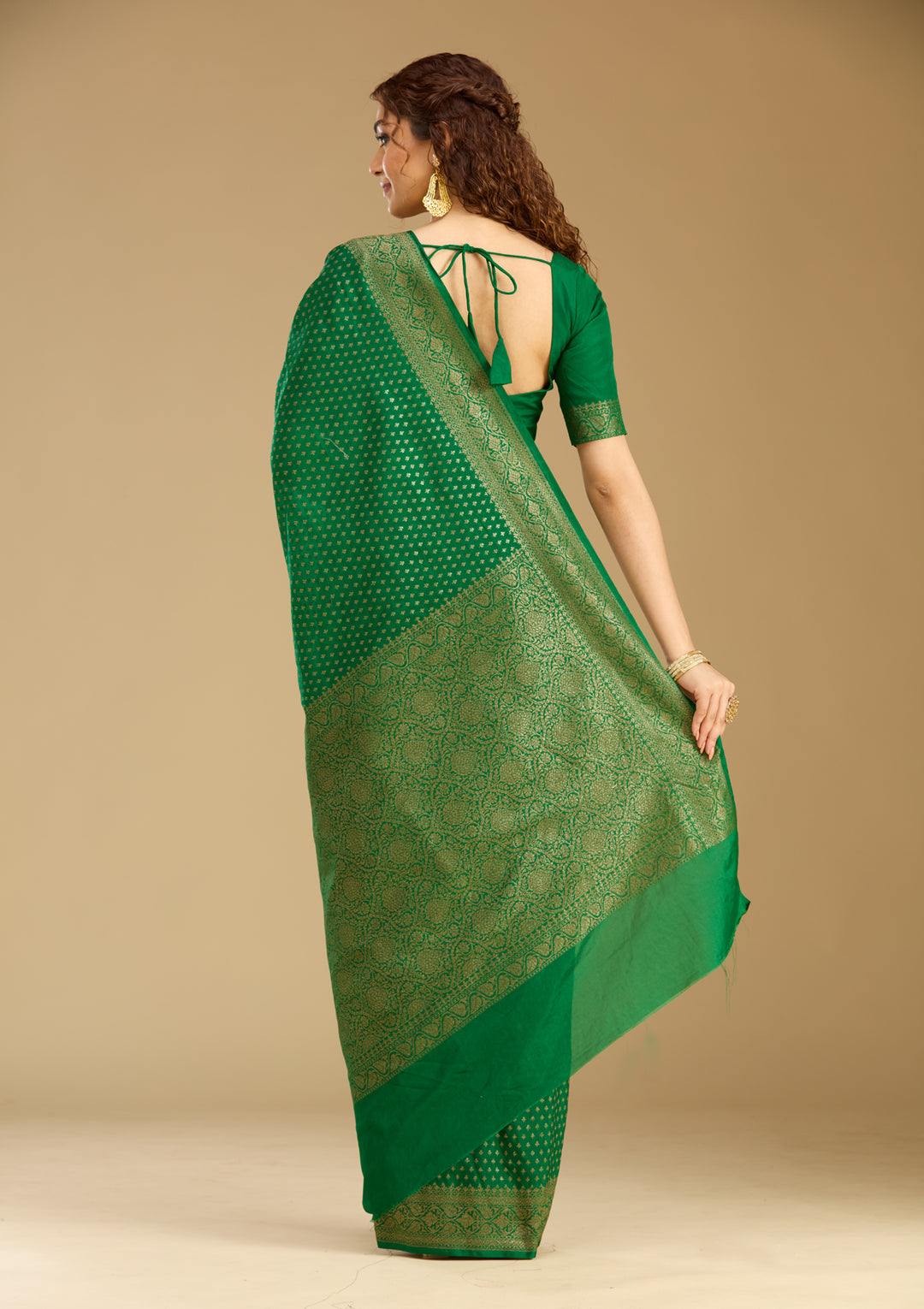 Bottle Green Georgette Buti Gold Zariwork Saree With Matching Blouse Piece