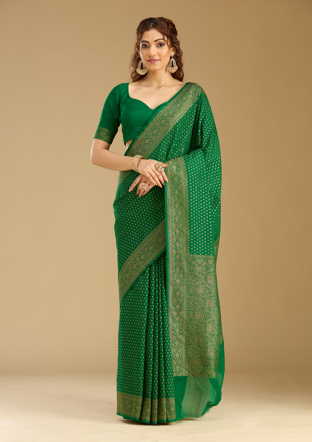 Bottle Green Georgette Buti Gold Zariwork Saree With Matching Blouse Piece