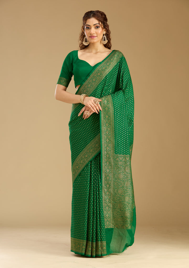 Bottle Green Georgette Buti Gold Zariwork Saree With Matching Blouse Piece