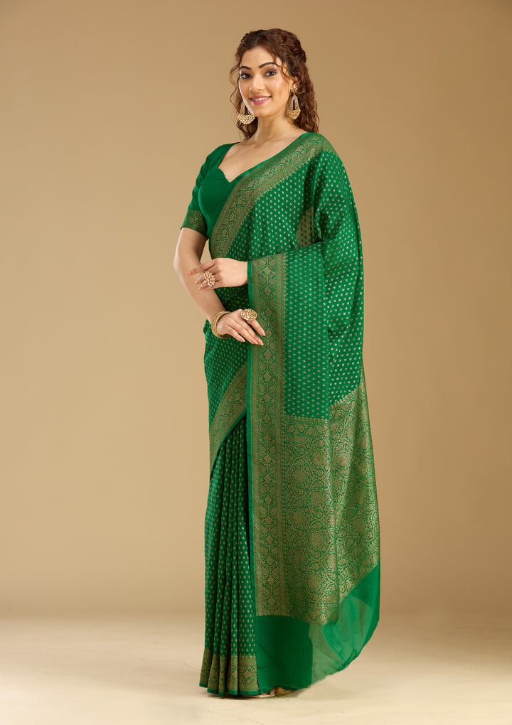 Bottle Green Georgette Buti Gold Zariwork Saree With Matching Blouse Piece