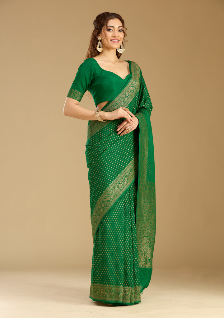 Bottle Green Georgette Buti Gold Zariwork Saree With Matching Blouse Piece