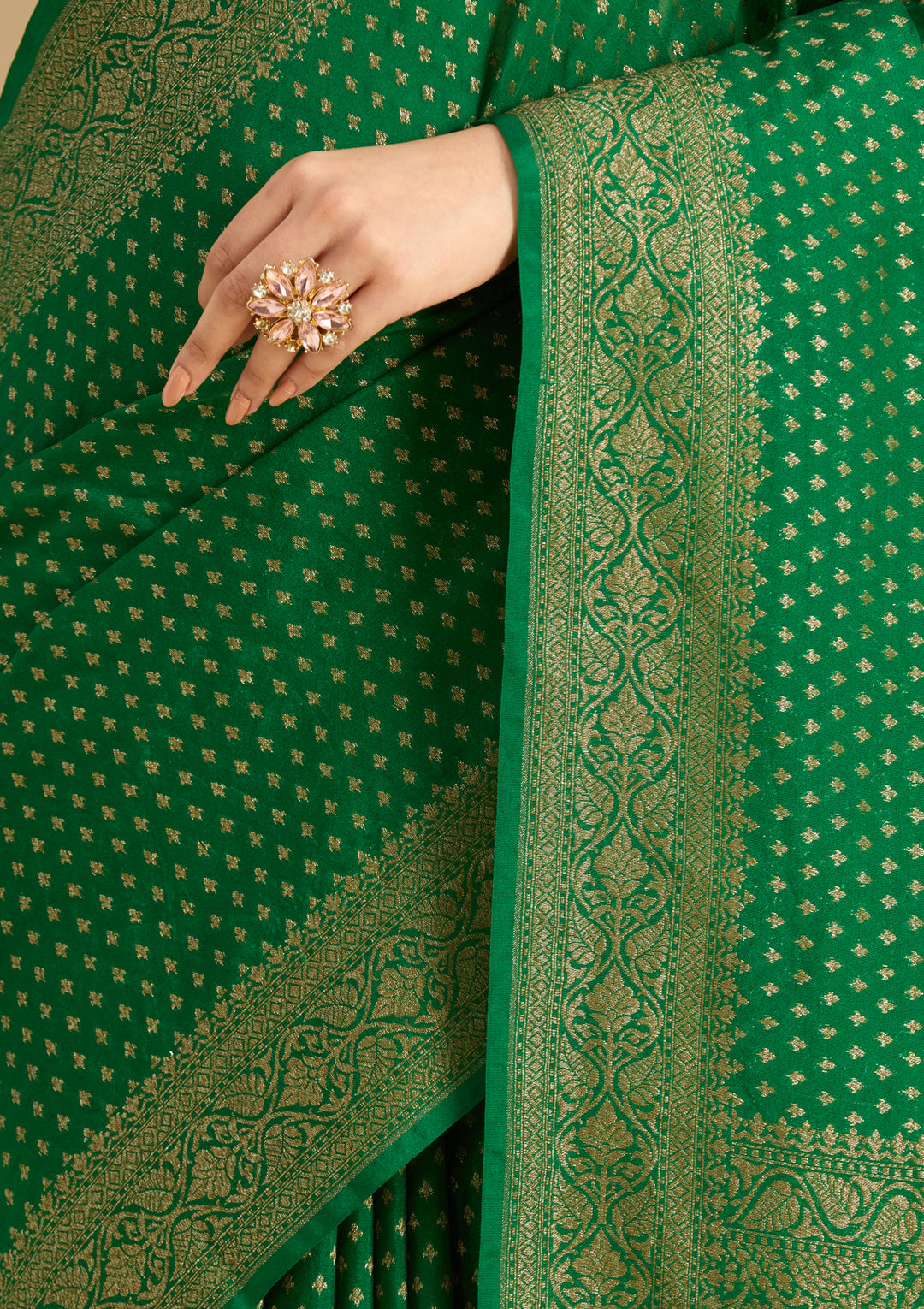 Bottle Green Georgette Buti Gold Zariwork Saree With Matching Blouse Piece