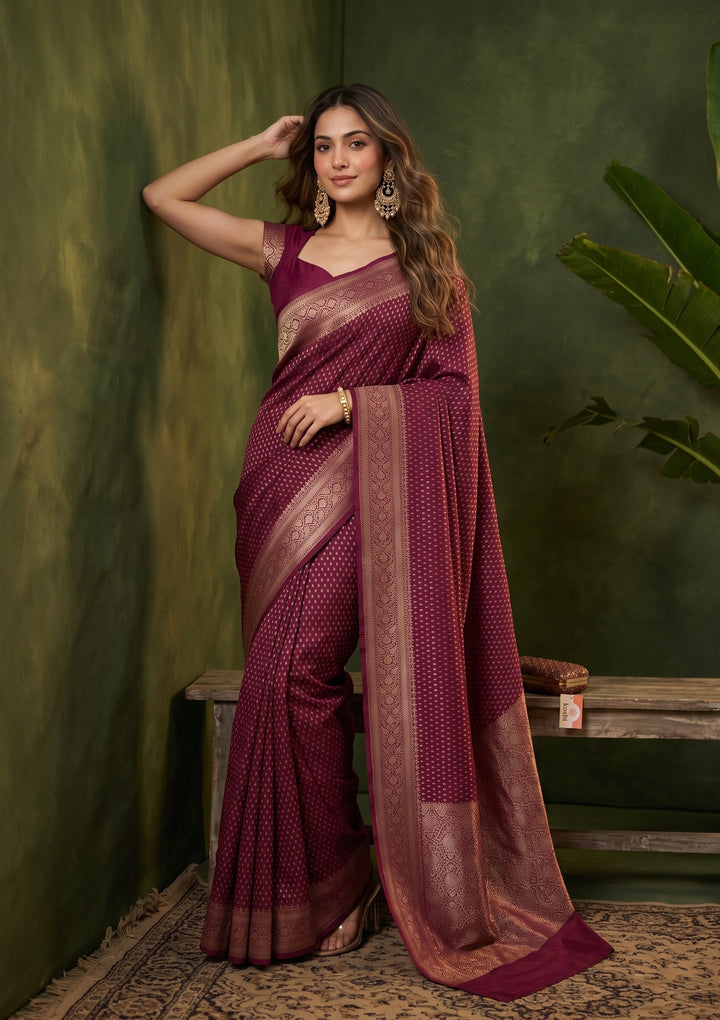 Maroon Georgette Buti Gold Zariwork Saree With Matching Blouse Piece