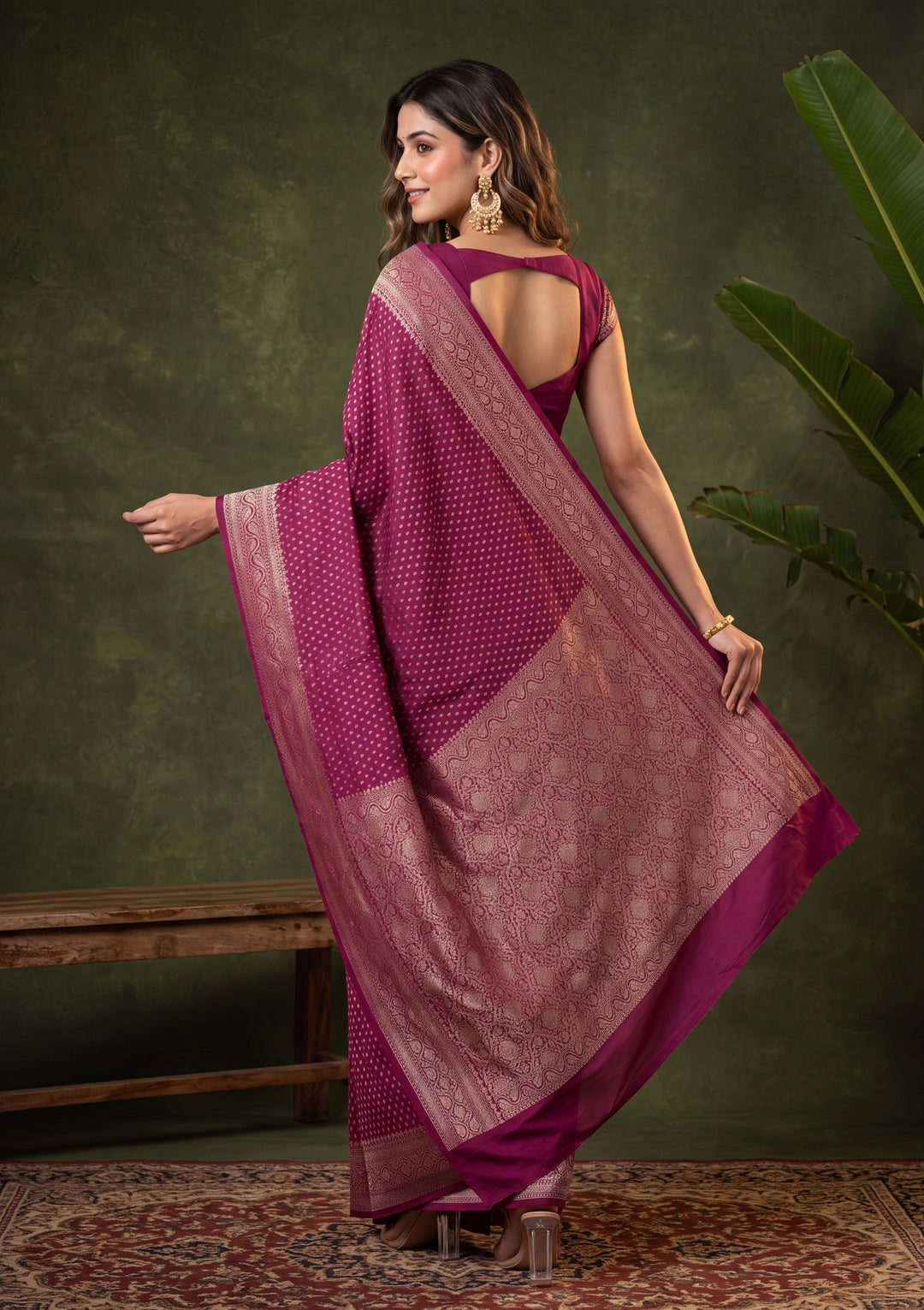 Maroon Georgette Buti Gold Zariwork Saree With Matching Blouse Piece