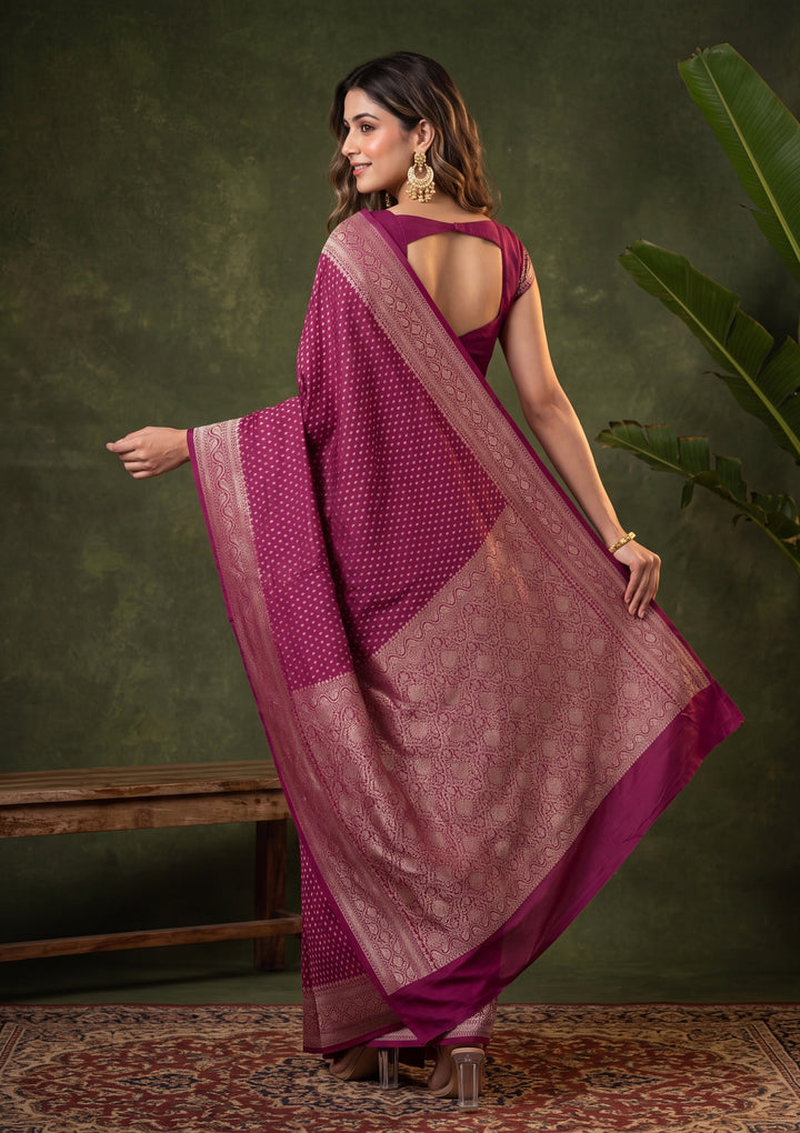 Maroon Georgette Buti Gold Zariwork Saree With Matching Blouse Piece