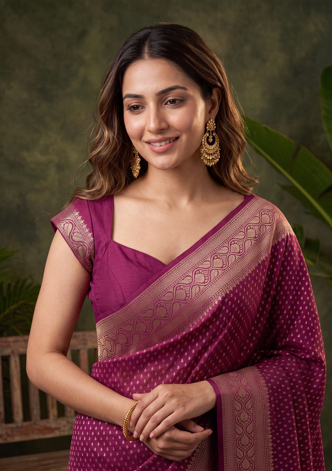 Maroon Georgette Buti Gold Zariwork Saree With Matching Blouse Piece