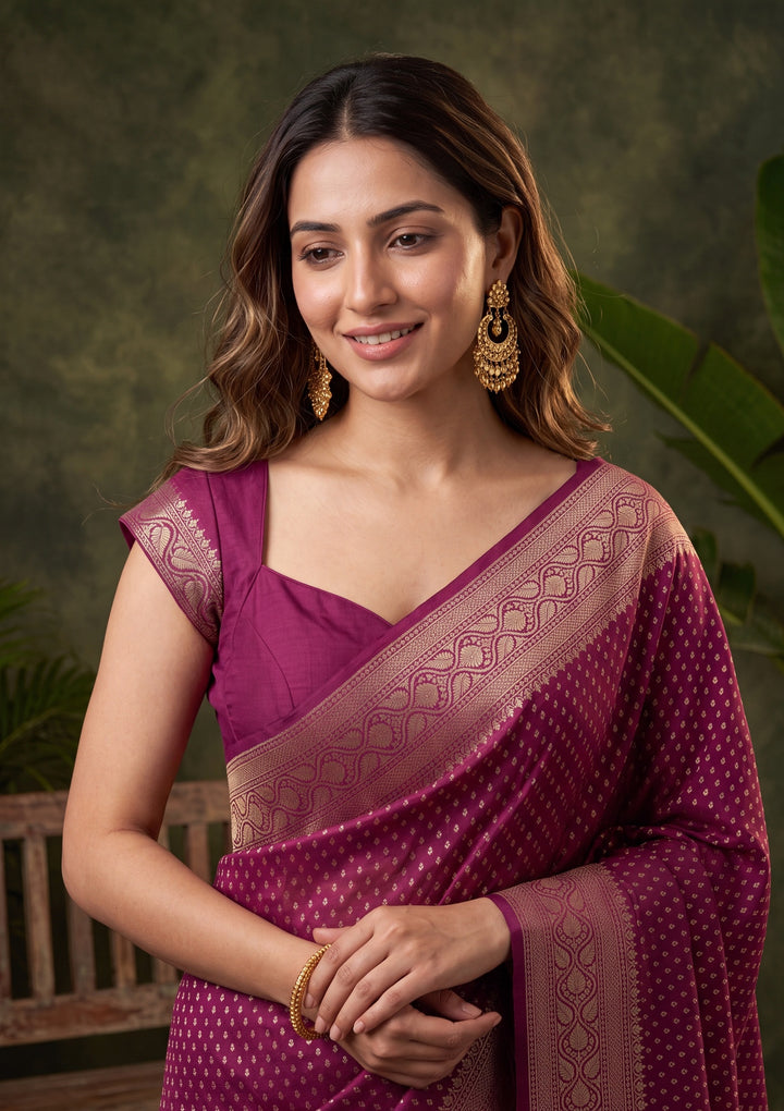 Maroon Georgette Buti Gold Zariwork Saree With Matching Blouse Piece