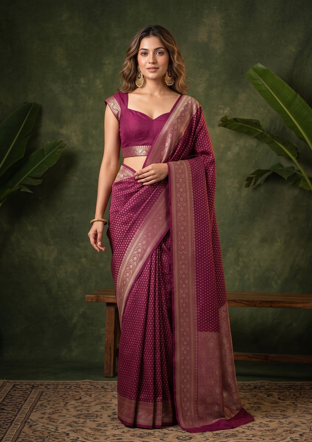 Maroon Georgette Buti Gold Zariwork Saree With Matching Blouse Piece