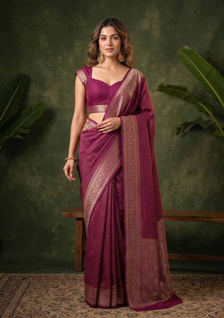 Maroon Georgette Buti Gold Zariwork Saree With Matching Blouse Piece