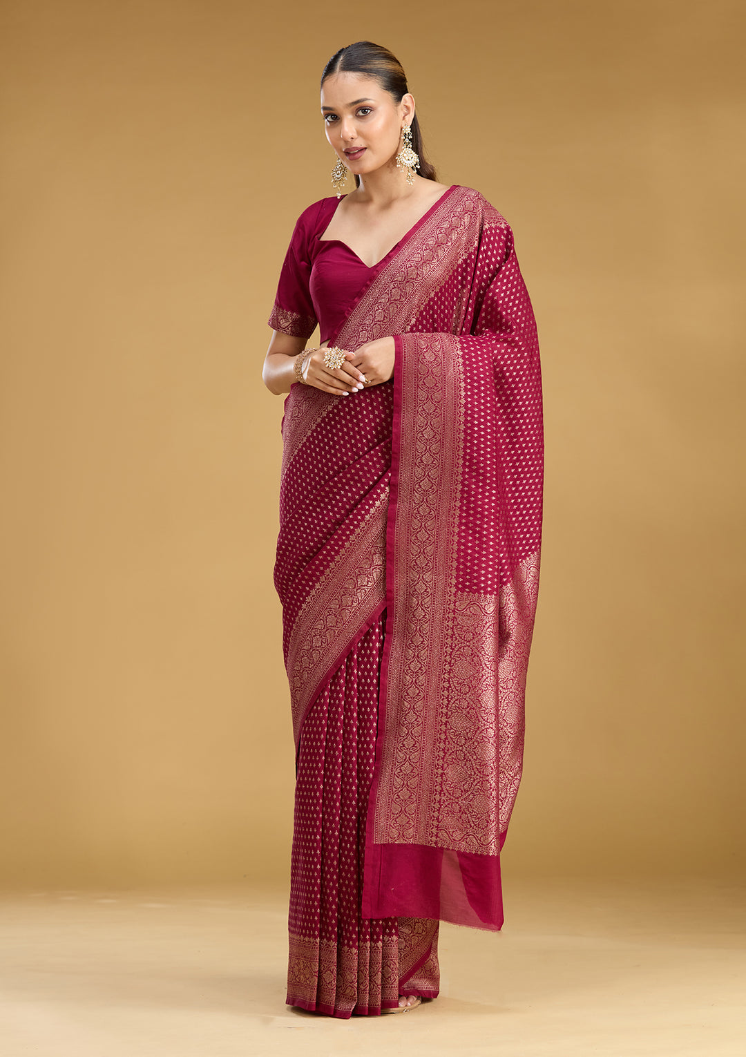 Maroon Georgette Buti Gold Zariwork Saree With Matching Blouse Piece