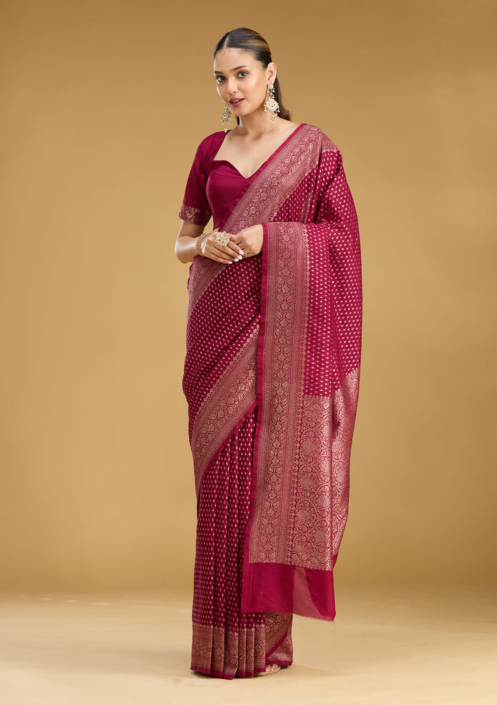 Maroon Georgette Buti Gold Zariwork Saree With Matching Blouse Piece