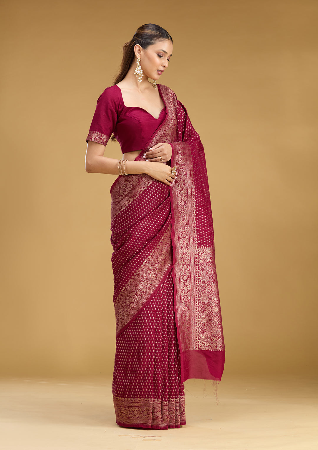 Maroon Georgette Buti Gold Zariwork Saree With Matching Blouse Piece