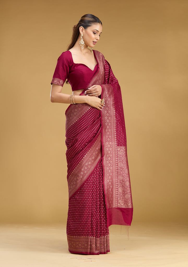 Maroon Georgette Buti Gold Zariwork Saree With Matching Blouse Piece