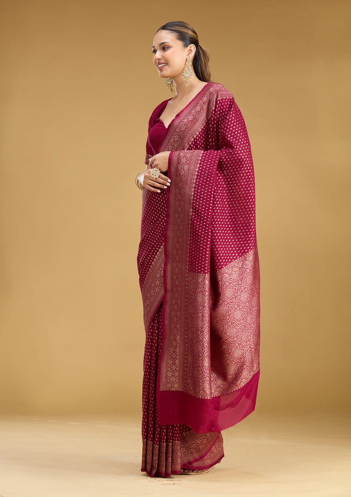 Maroon Georgette Buti Gold Zariwork Saree With Matching Blouse Piece