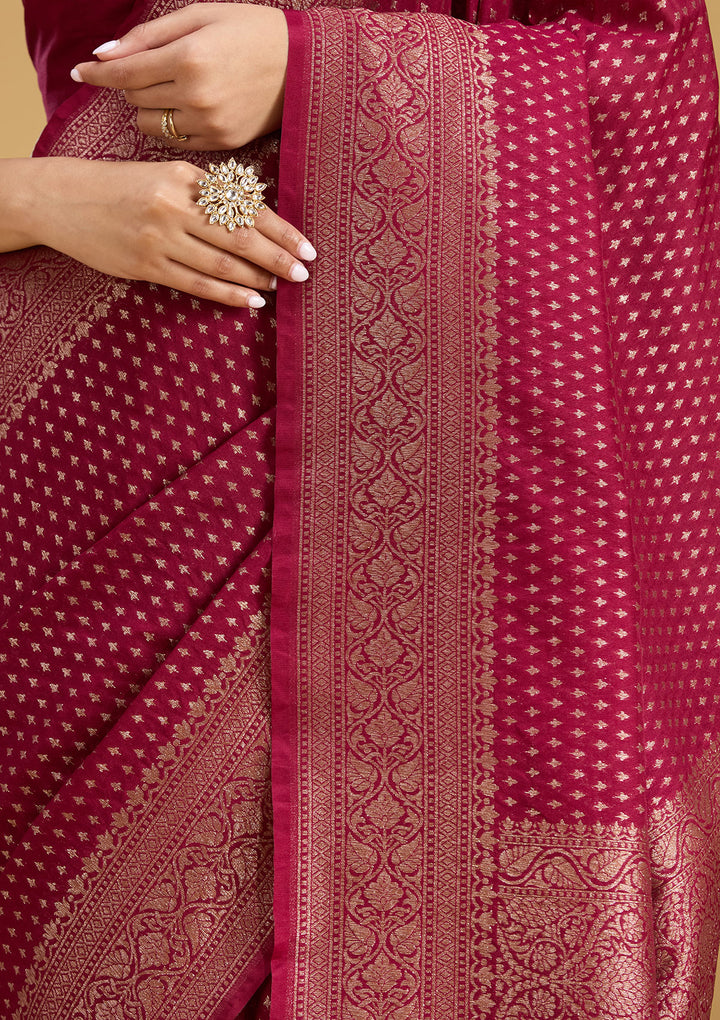 Maroon Georgette Buti Gold Zariwork Saree With Matching Blouse Piece