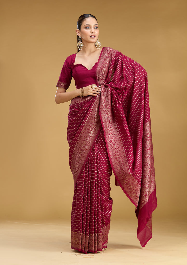 Maroon Georgette Buti Gold Zariwork Saree With Matching Blouse Piece