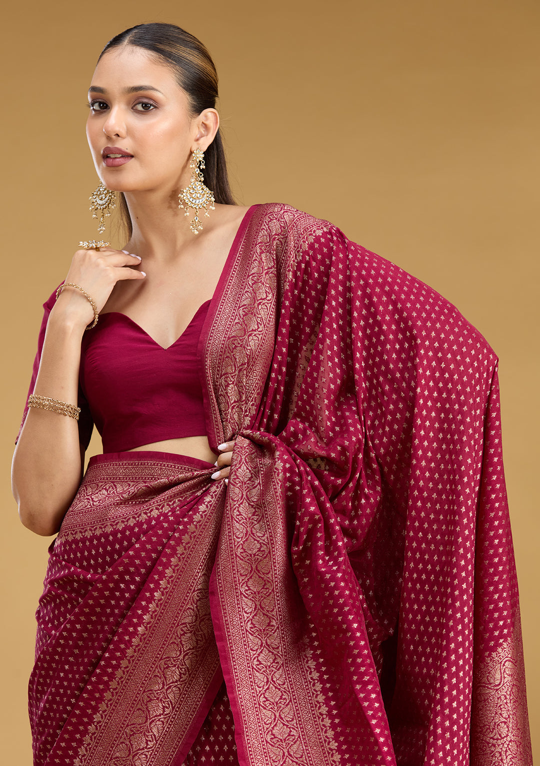 Maroon Georgette Buti Gold Zariwork Saree With Matching Blouse Piece
