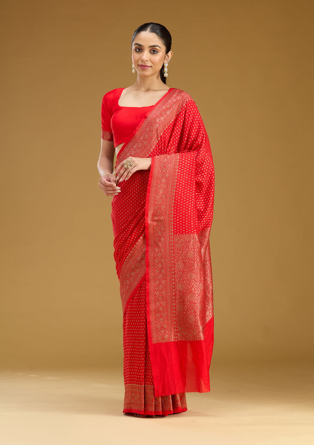 Red Georgette Buti Gold Zariwork Saree With Matching Blouse Piece