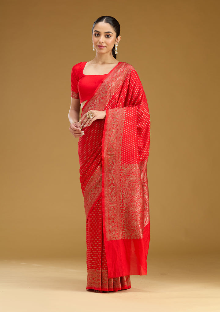 Red Georgette Buti Gold Zariwork Saree With Matching Blouse Piece