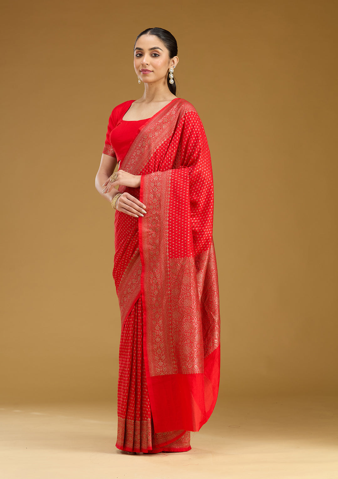 Red Georgette Buti Gold Zariwork Saree With Matching Blouse Piece