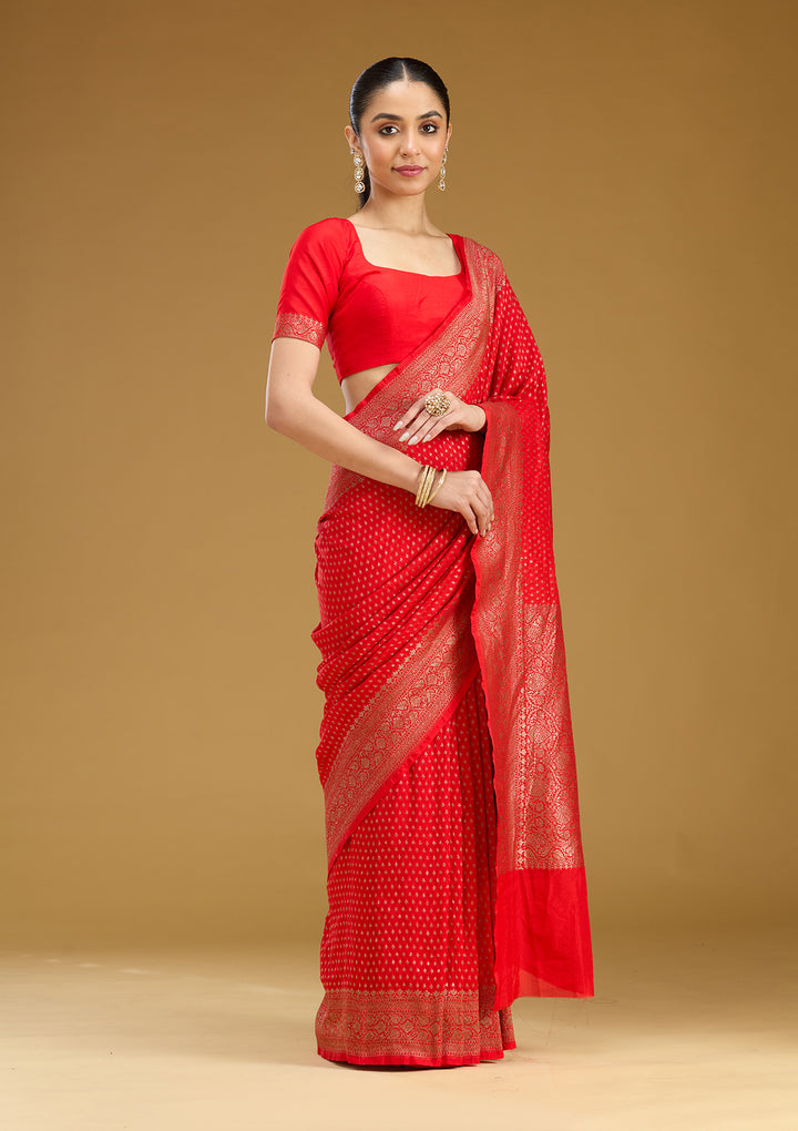 Red Georgette Buti Gold Zariwork Saree With Matching Blouse Piece