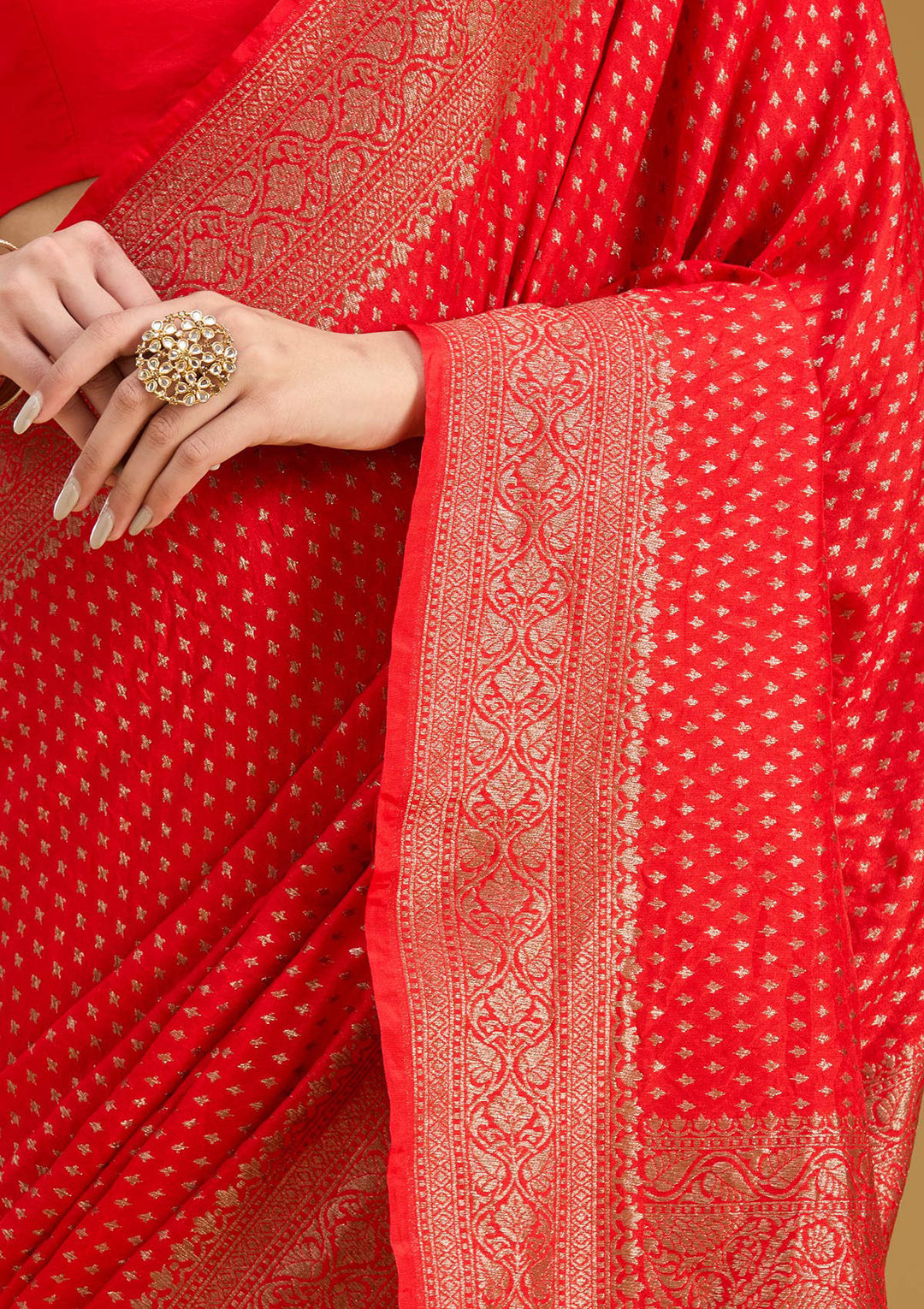 Red Georgette Buti Gold Zariwork Saree With Matching Blouse Piece