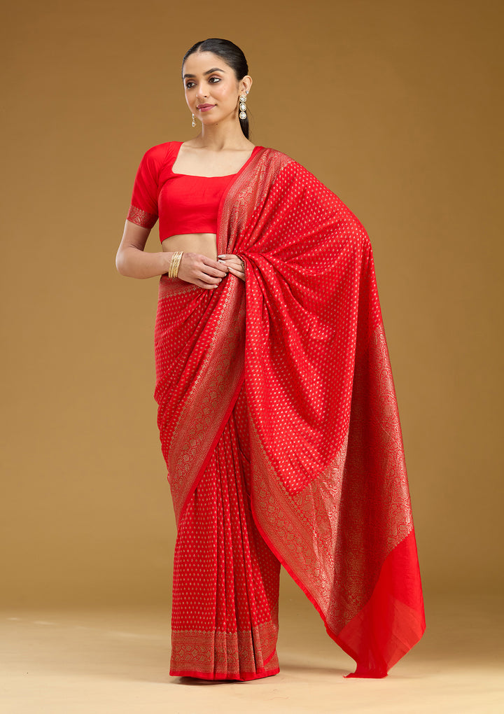 Red Georgette Buti Gold Zariwork Saree With Matching Blouse Piece