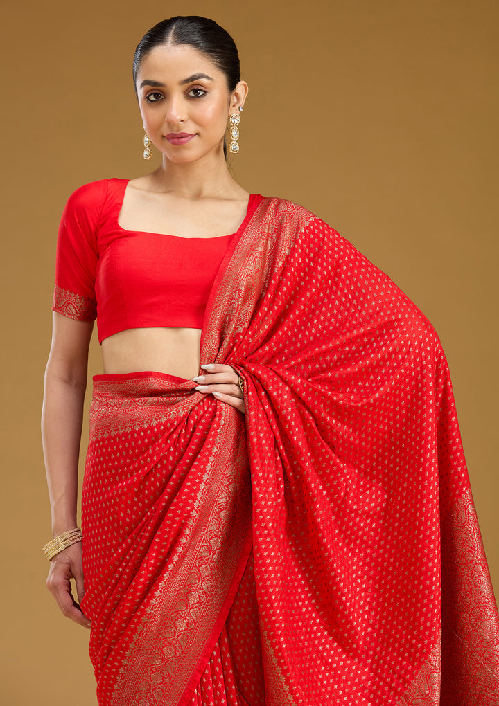 Red Georgette Buti Gold Zariwork Saree With Matching Blouse Piece