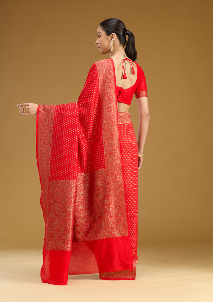 Red Georgette Buti Gold Zariwork Saree With Matching Blouse Piece