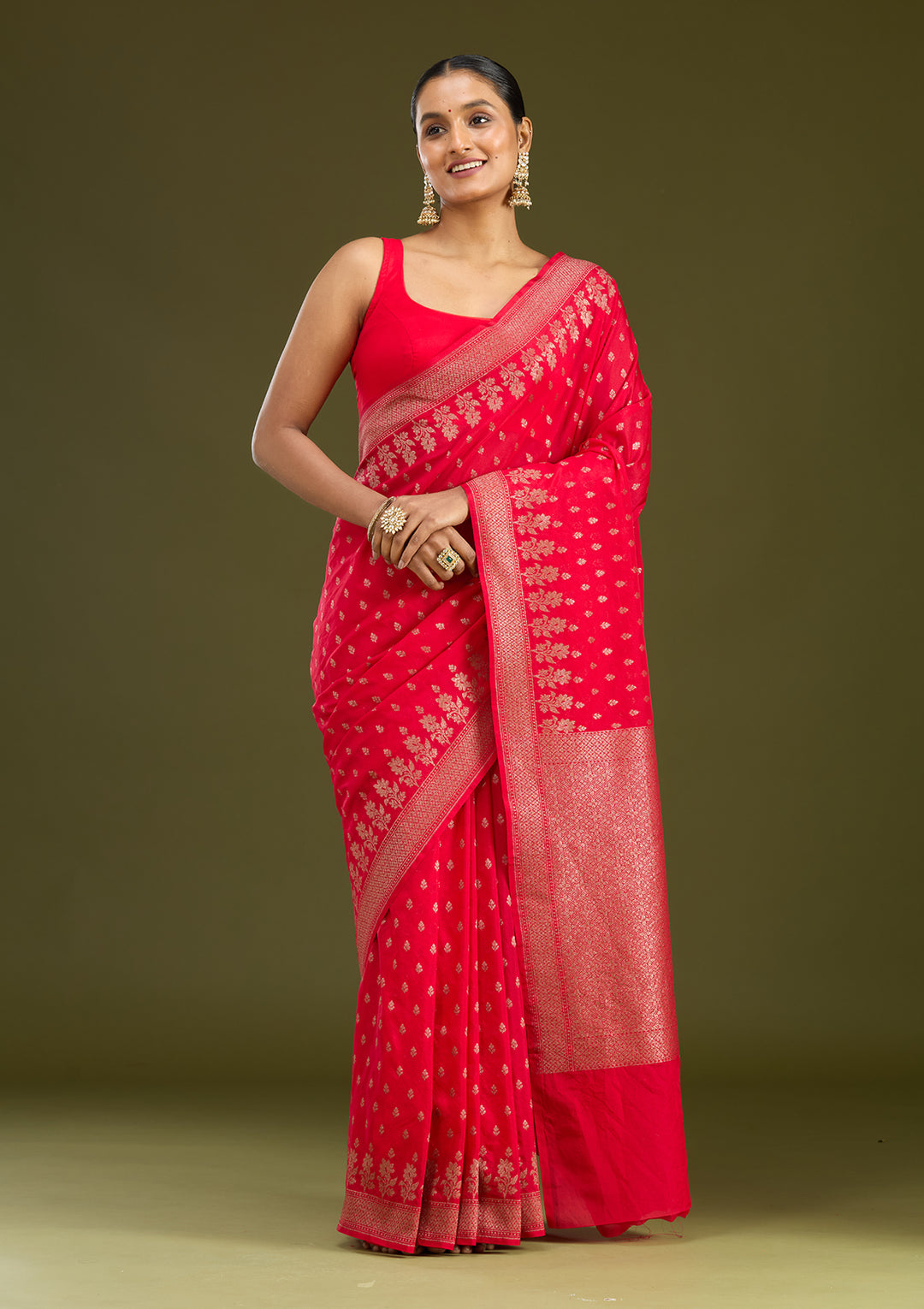 Magenta Pink Georgette Buti Gold Zariwork Saree With Matching Blouse Piece