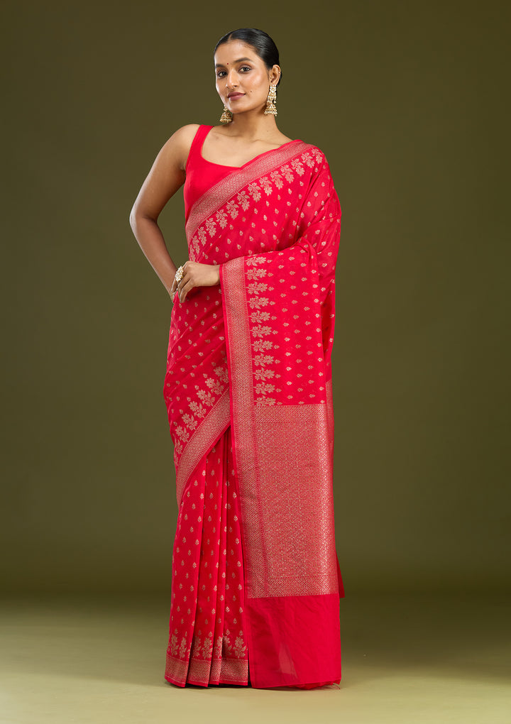 Magenta Pink Georgette Buti Gold Zariwork Saree With Matching Blouse Piece