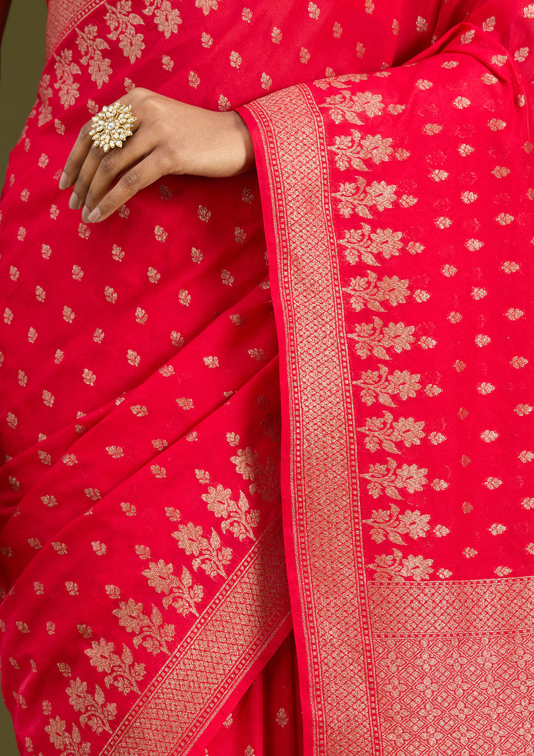 Magenta Pink Georgette Buti Gold Zariwork Saree With Matching Blouse Piece