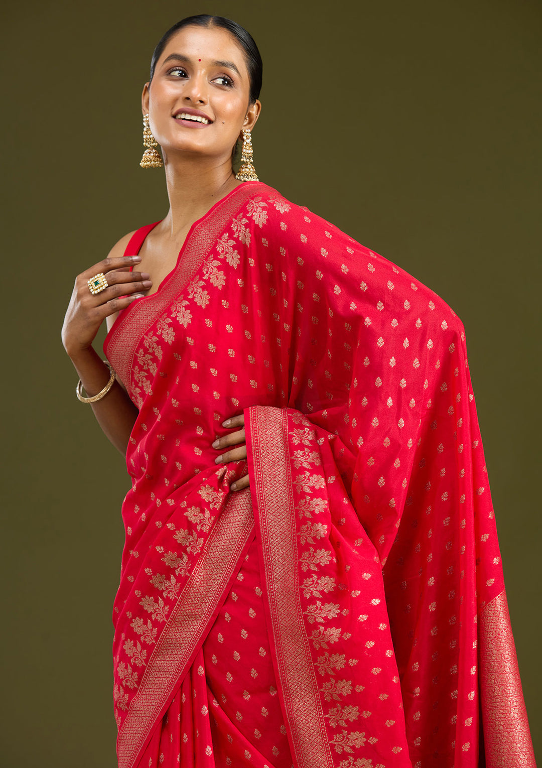 Magenta Pink Georgette Buti Gold Zariwork Saree With Matching Blouse Piece