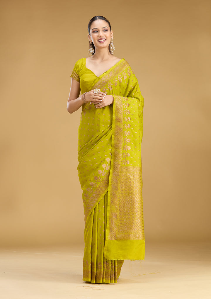 Mehandi Green Georgette Buti Gold Zariwork Saree With Matching Blouse Piece