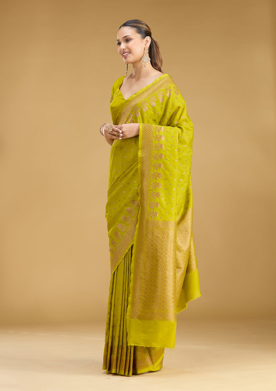 Mehandi Green Georgette Buti Gold Zariwork Saree With Matching Blouse Piece