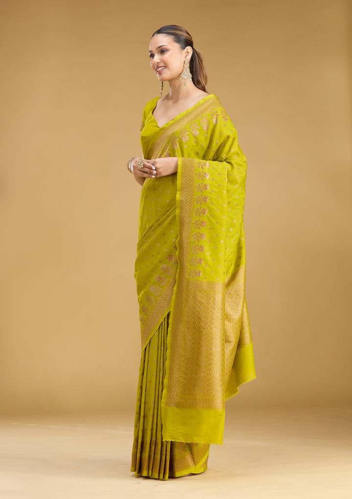 Mehandi Green Georgette Buti Gold Zariwork Saree With Matching Blouse Piece