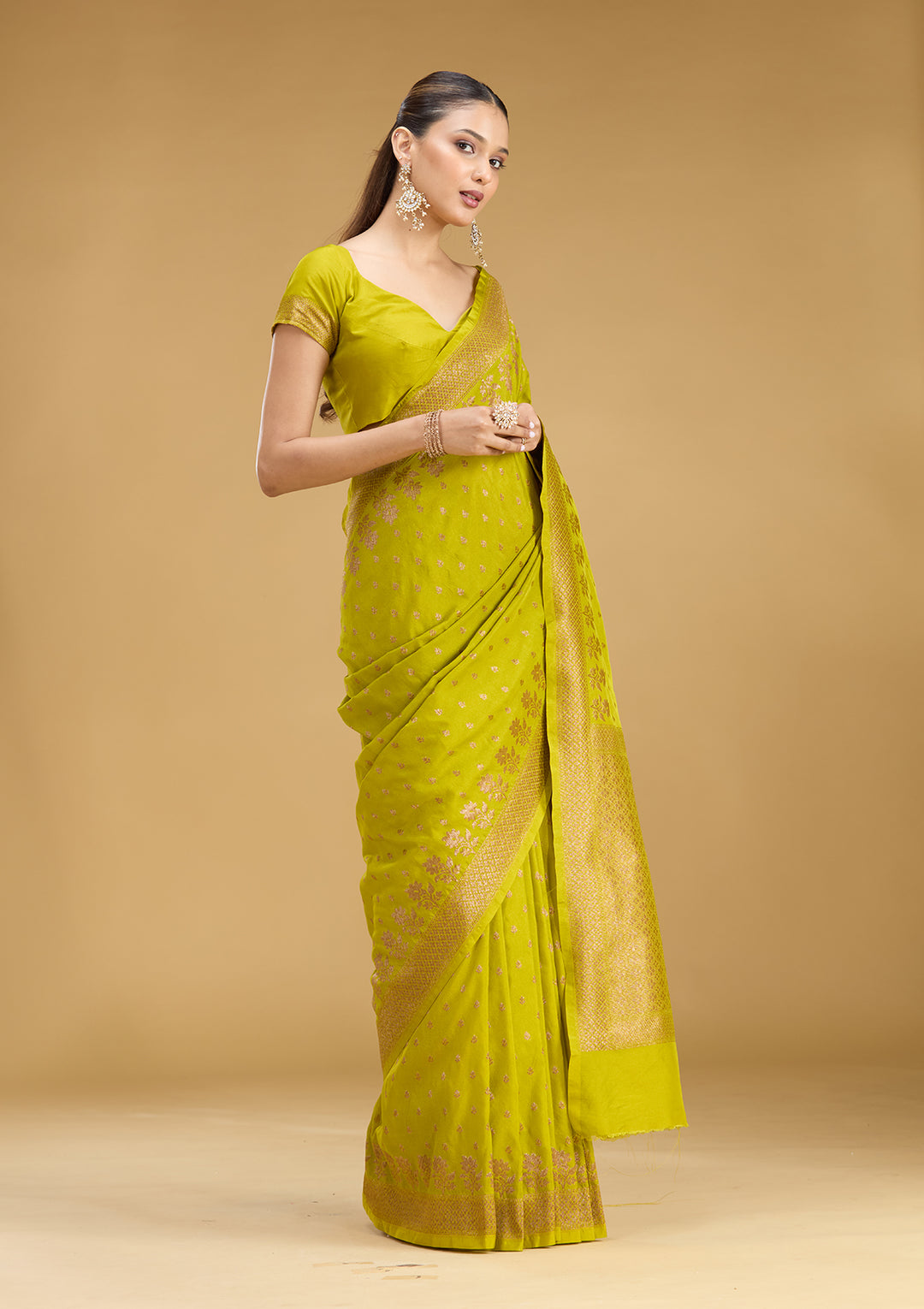 Mehandi Green Georgette Buti Gold Zariwork Saree With Matching Blouse Piece