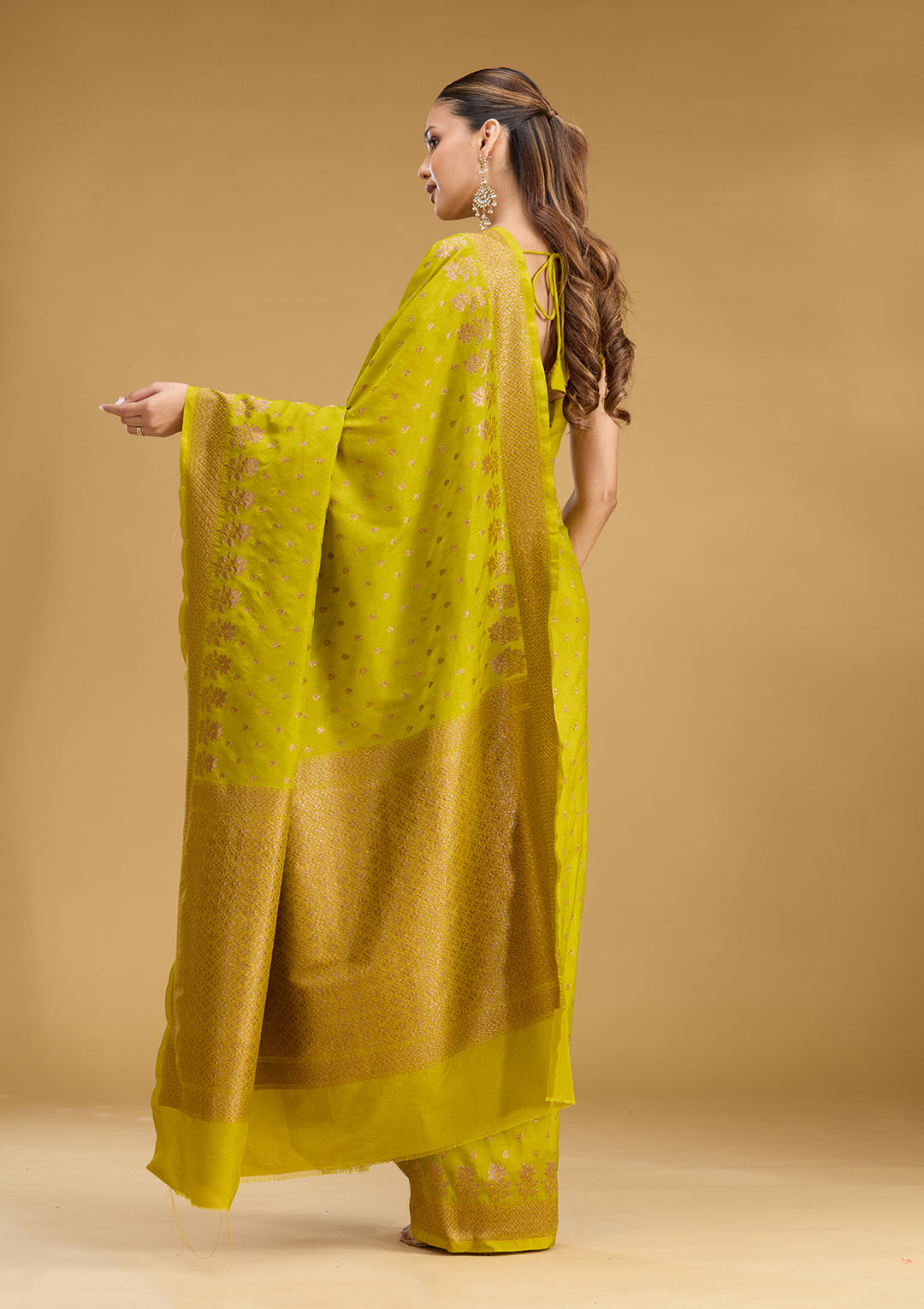 Mehandi Green Georgette Buti Gold Zariwork Saree With Matching Blouse Piece