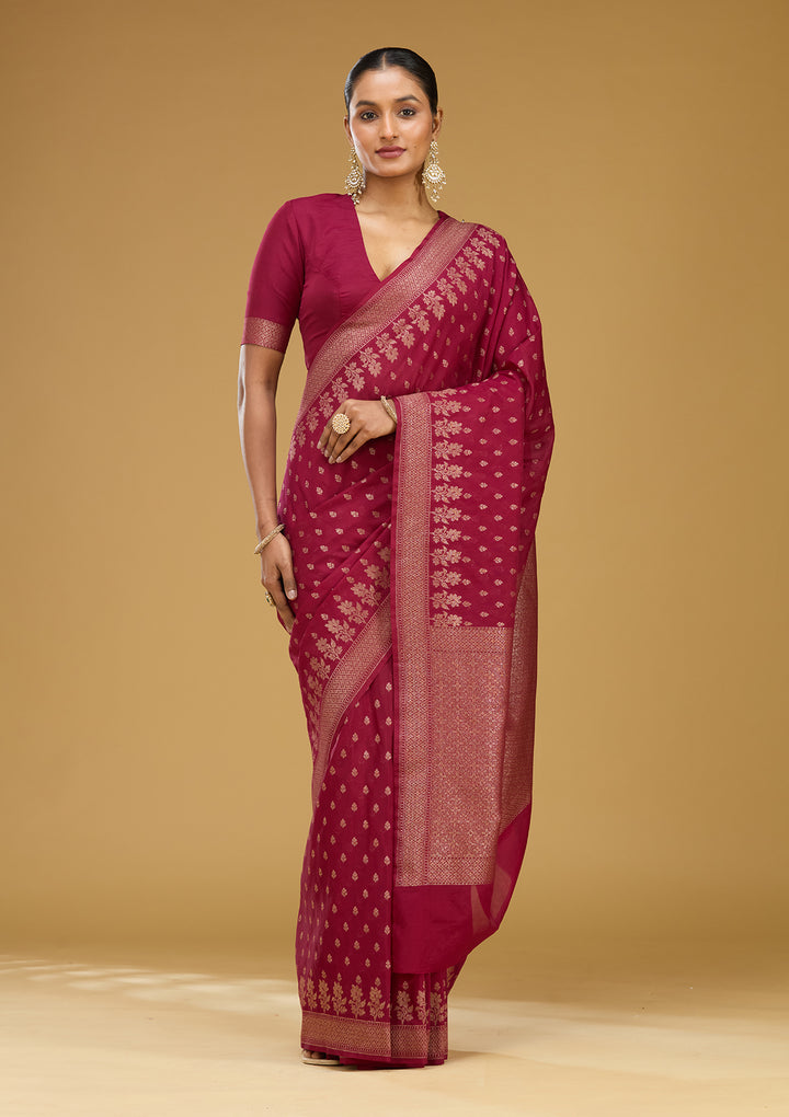 Wine Georgette Buti Gold Zariwork Saree With Matching Blouse Piece