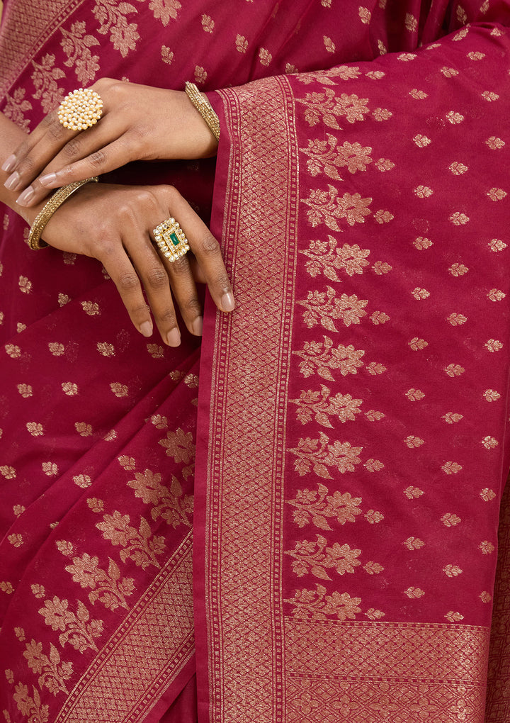 Wine Georgette Buti Gold Zariwork Saree With Matching Blouse Piece