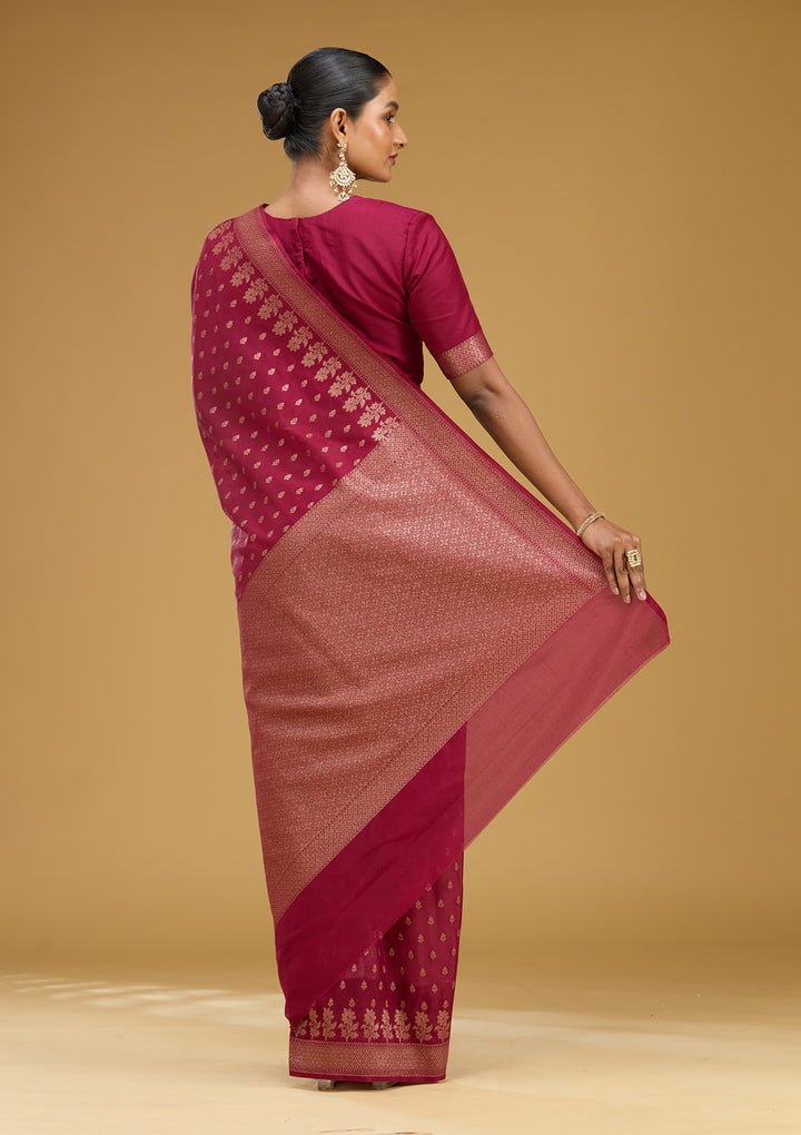 Wine Georgette Buti Gold Zariwork Saree With Matching Blouse Piece